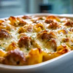 Creamy sausage Alfredo pasta bake in a white casserole dish with golden melted cheese and browned sausage pieces.