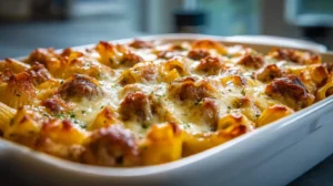 Creamy sausage Alfredo pasta bake in a white casserole dish with golden melted cheese and browned sausage pieces.