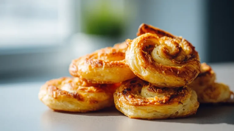 stack of golden parmesan palmiers with crisp flaky layers on a kitchen counter in soft natural light