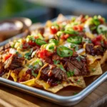 BBQ Brisket Nacho Tray 3 Sheet pan BBQ brisket nachos with cheesy tortilla chips, saucy brisket, jalapeño slices, and chopped herbs on a wooden board.