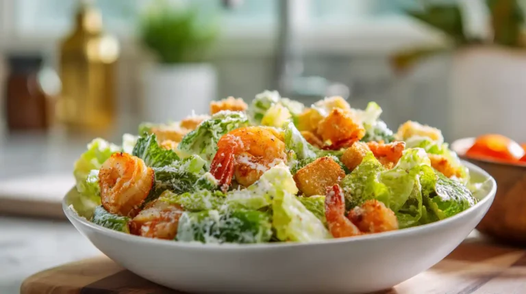 Shrimp Caesar salad with grilled shrimp, romaine lettuce, croutons, and Parmesan cheese in a white bowl on a bright kitchen counter.