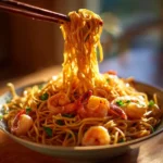 Chopsticks lifting saucy shrimp lo mein noodles from a bowl with shrimp and green onions.