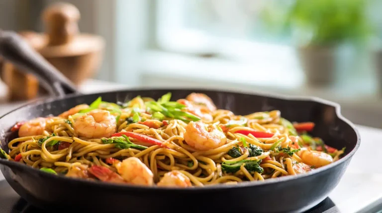 Shrimp lo mein cooking in a skillet with glossy noodles, shrimp, and colorful vegetables in a bright kitchen.