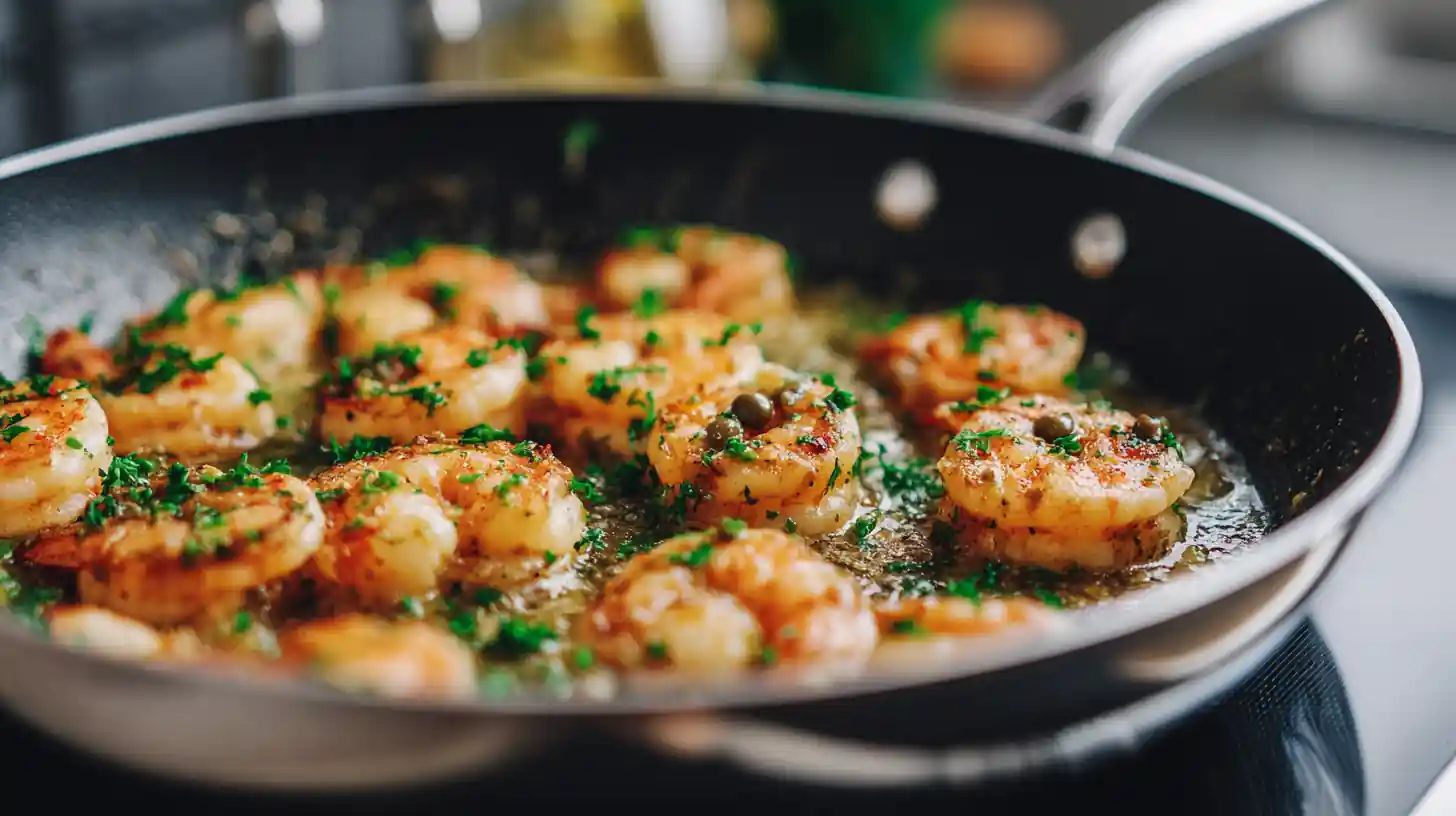 Shrimp Piccata 2 shrimp piccata cooking in a skillet with lemon butter sauce, capers, and fresh parsley
