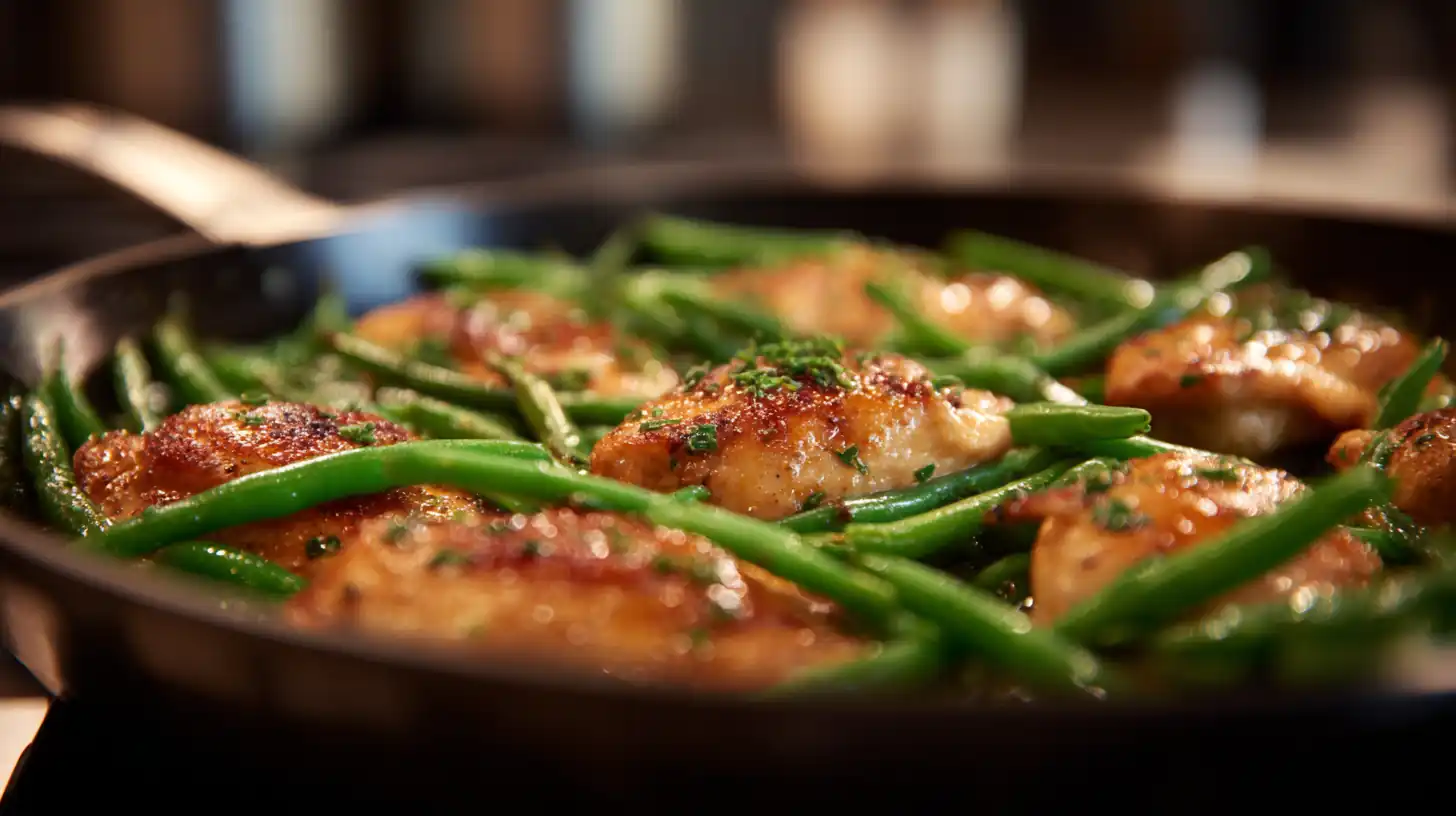 Skillet Chicken Breast with Green Beans 2 Skillet chicken breast pieces cooking with green beans in a pan, golden seared chicken and glossy vegetables in warm lighting.