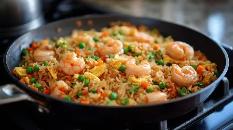 Shrimp fried rice cooking in a black skillet with peas, carrots, scrambled eggs, and pink shrimp on a stovetop.