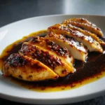 Chicken Breast with Soy Ginger Glaze 3 Sliced chicken breast drizzled with soy ginger glaze on a white plate, showing tender texture and rich sauce.