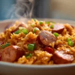 Steaming bowl of beef or turkey smoked sausage jambalaya with fluffy rice and sliced sausage in warm natural light.