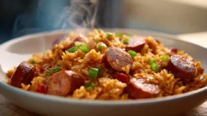 Steaming bowl of beef or turkey smoked sausage jambalaya with fluffy rice and sliced sausage in warm natural light.