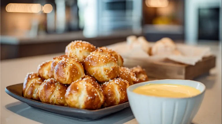 Plate of golden soft pretzel bites sprinkled with coarse salt beside a bowl of creamy cheese sauce on a kitchen counter.
