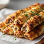 Cheesy Beef Stuffed Breadsticks 3 Cheesy beef stuffed breadsticks stacked on parchment paper with browned cheese and fresh parsley garnish.