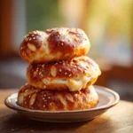 Pizza Stuffed Pretzel Buns 3 Stack of pizza stuffed pretzel buns on a plate, golden brown with coarse salt and melted cheese peeking through.