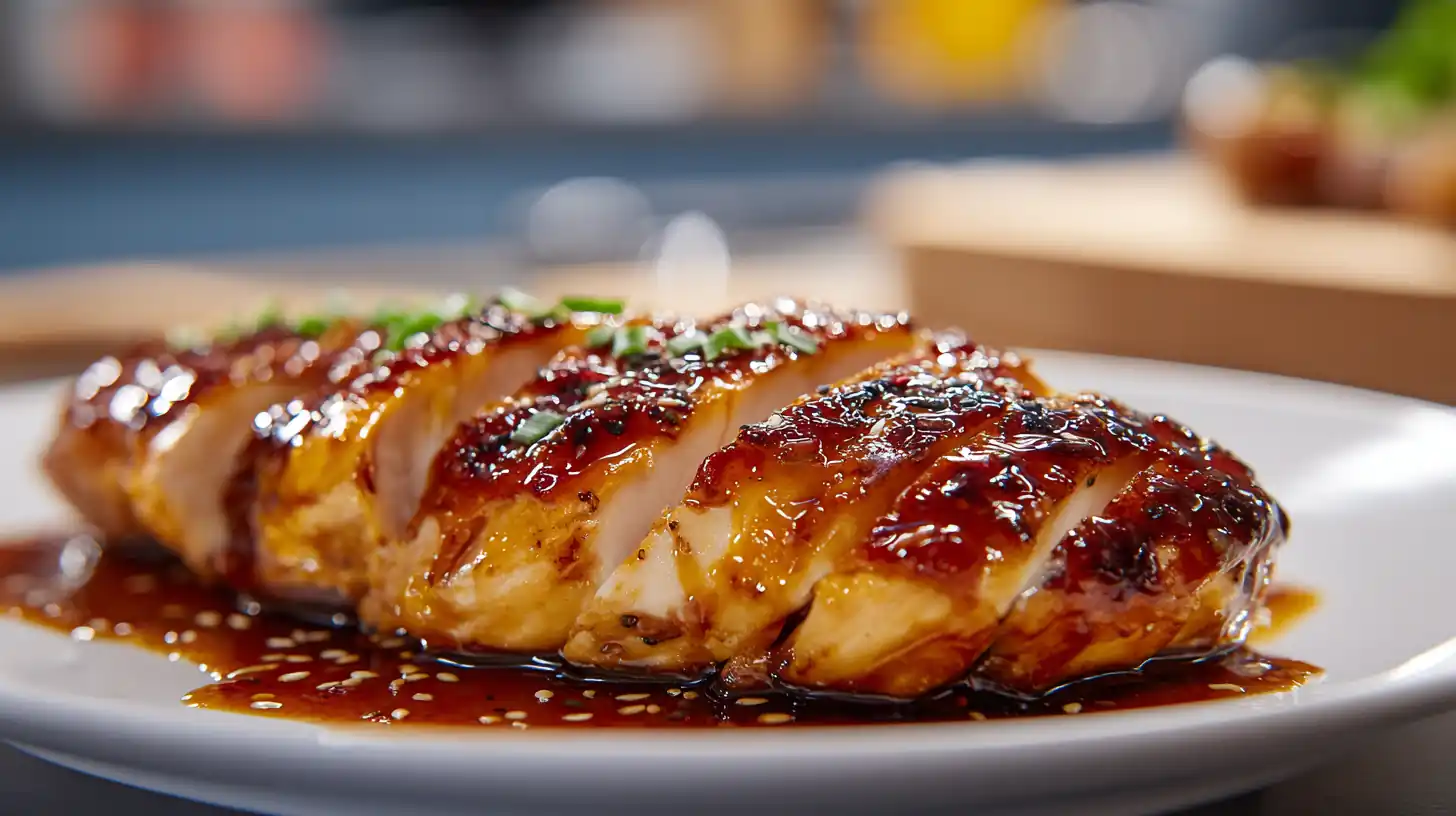 Teriyaki Chicken Breast (Stovetop) 2 Sliced teriyaki chicken breast glazed with a thick, glossy sauce and sprinkled with sesame seeds on a white plate.