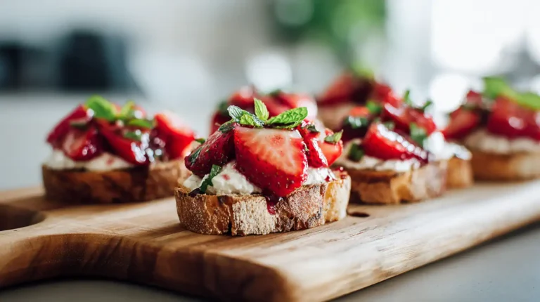 strawberry balsamic crostini topped with creamy cheese and fresh basil on a wooden board in soft natural light