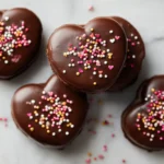 Overhead view of chocolate covered Oreo heart cookies decorated with colorful Valentine sprinkles on a white surface.