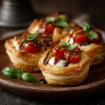 Puff pastry cups topped with melted mozzarella, cherry tomatoes, fresh basil, and a drizzle of balsamic glaze on a serving board.