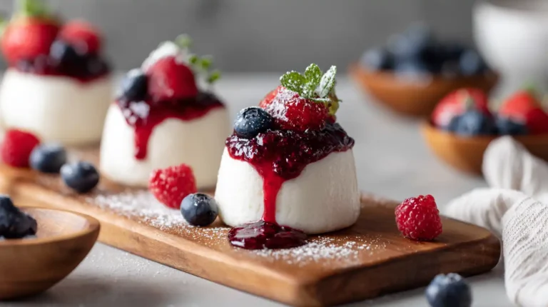 Three vanilla bean panna cottas topped with glossy berry coulis and fresh berries on a wooden board in soft natural light.
