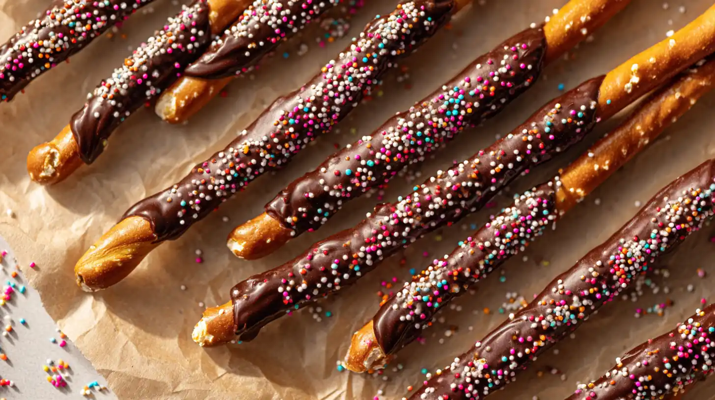 chocolate dipped pretzel rods lined on parchment paper with glossy chocolate coating and colorful sprinkles