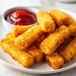 crispy mozzarella sticks piled on a white plate with a bowl of marinara sauce
