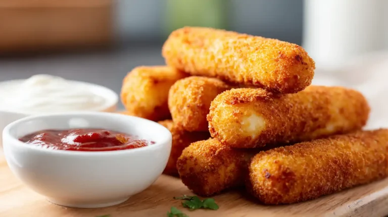 golden crispy mozzarella sticks stacked on a wooden board with marinara and creamy dipping sauces