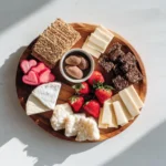 wooden snack board with sliced cheeses, strawberries, crackers, and chocolate arranged neatly in natural light
