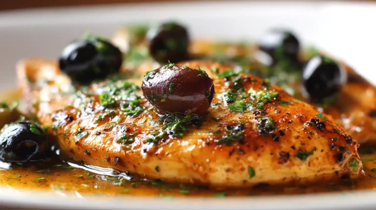 close-up of mediterranean chicken breast with olives in a glossy herb sauce, garnished with parsley on a white plate