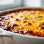 close-up of beef and bean chili bake in a white casserole dish with melted cheddar cheese bubbling on top