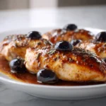 Mediterranean Chicken Breast with Olives 3 plated mediterranean chicken breasts with olives and tomato sauce served in a shallow white bowl