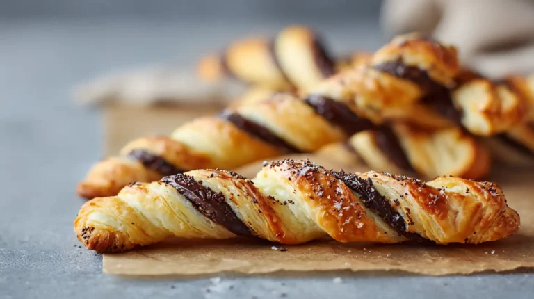 flaky puff pastry chocolate twists with glossy chocolate layers, baked golden and arranged on parchment in soft natural light