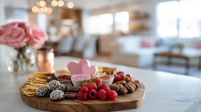 romantic valentine snack board with chocolate, berries, crackers, and heart accents on a wooden board in a bright kitchen