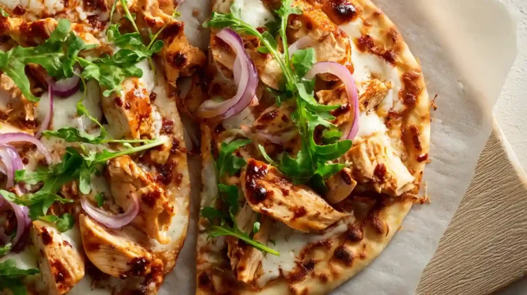 Sliced BBQ chicken flatbread with melted mozzarella, red onion, and fresh greens on parchment paper.