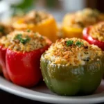 Stuffed Bell Peppers with Quinoa and Veggies 3 Red and green stuffed bell peppers topped with golden breadcrumbs and fresh herbs on a white plate.