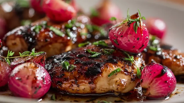 Close-up of balsamic glazed chicken with roasted radishes and fresh thyme, glossy sauce and caramelized edges.