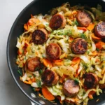Top-down view of browned beef sausage rounds with sautéed cabbage and carrots in a black skillet.