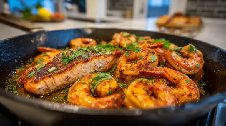 Black skillet with Cajun salmon fillet and shrimp garnished with parsley in a modern kitchen.