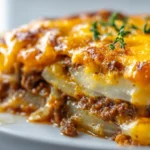 Close-up of layered ground beef and sliced potatoes topped with melted cheddar on a white plate.