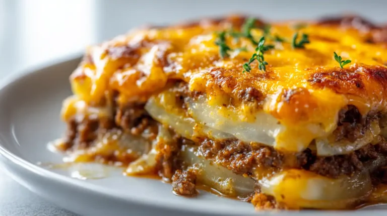Close-up of layered ground beef and sliced potatoes topped with melted cheddar on a white plate.