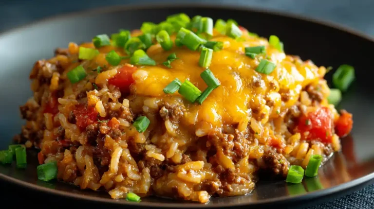 Close-up slice of cheesy ground beef and rice casserole topped with chopped green onions on a dark plate.