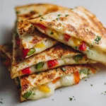 Close-up of sliced veggie quesadillas with melted cheese and colorful peppers on a light plate.