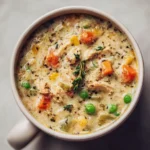 Chicken Pot Pie Protein Soup 3 Overhead view of chicken pot pie protein soup with peas, carrots, chicken, and fresh thyme in a ceramic bowl