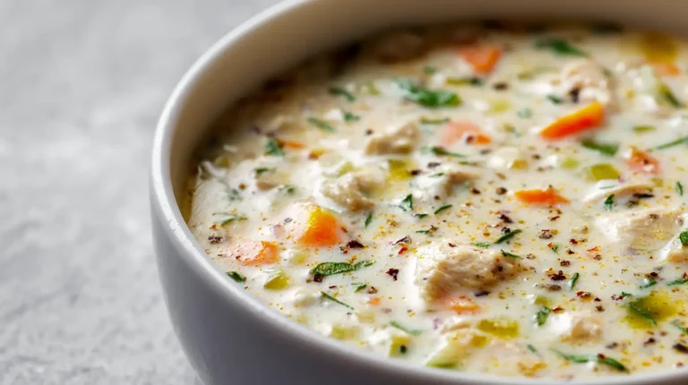 Close-up of creamy chicken pot pie protein soup with tender chicken, carrots, herbs, and cracked pepper in a white bowl