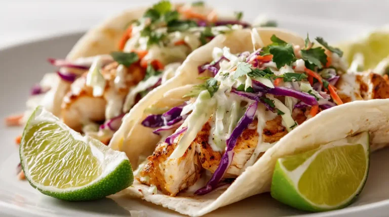 Soft flour tacos filled with seasoned chicken breast and creamy lime cabbage slaw, served with fresh lime wedges.