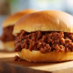 Close-up of saucy ground beef sloppy joe on a soft bun set on a wooden board with blurred sandwiches in background.