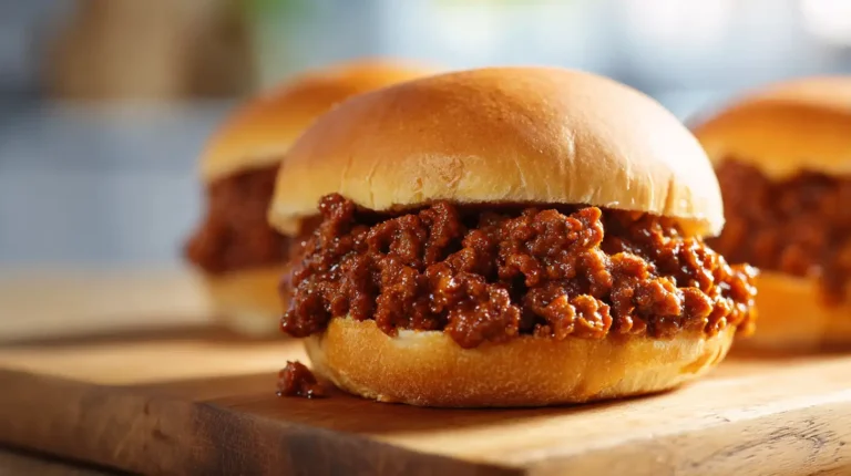 Close-up of saucy ground beef sloppy joe on a soft bun set on a wooden board with blurred sandwiches in background.