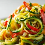 Zucchini Noodle Primavera 3 Close-up of zucchini noodles with red bell peppers and herbs in bright natural light.