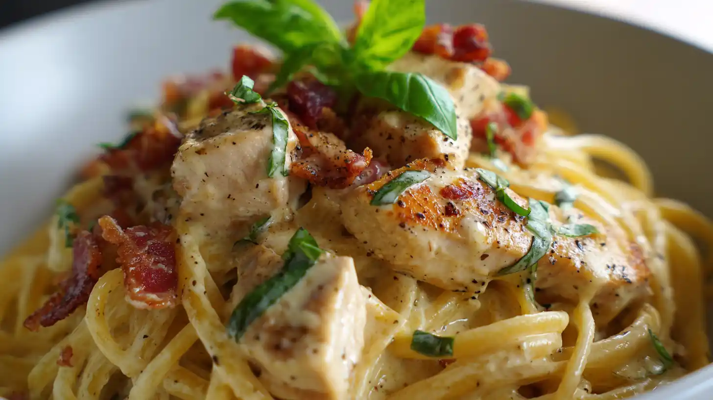 Creamy Chicken Breast Carbonara 2 Close-up of creamy chicken carbonara with sliced chicken, crispy bacon pieces, and fresh basil on spaghetti.
