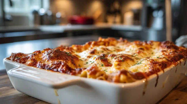 Golden baked chicken lasagna in white casserole dish with melted cheese and bubbly edges in warm kitchen lighting.