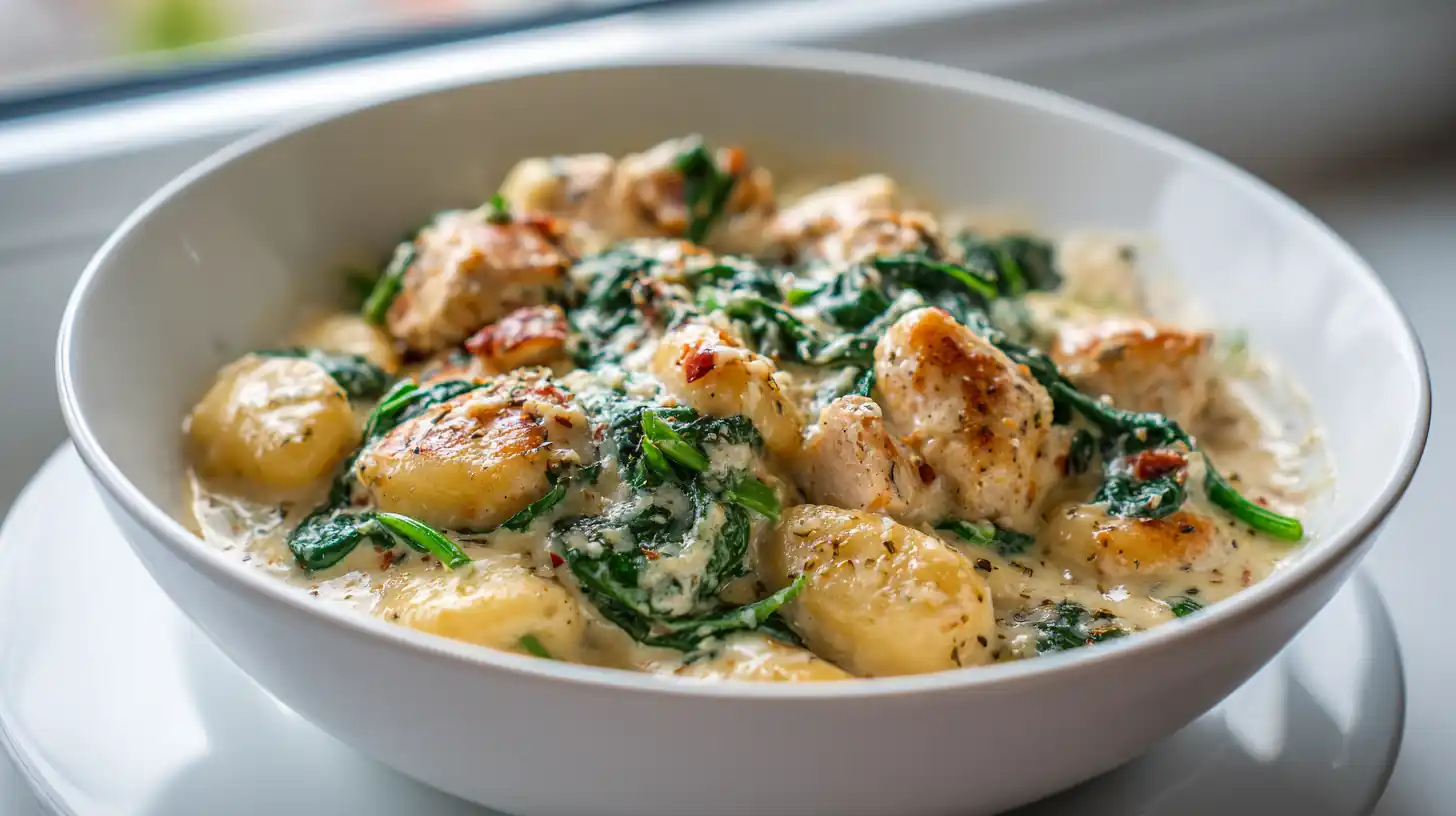 Creamy Chicken Gnocchi 2 Bowl of creamy chicken gnocchi with spinach in a white dish on a bright kitchen counter.