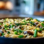 Creamy mushroom asparagus orzo cooking in a large skillet on the stovetop with tender vegetables and Parmesan.