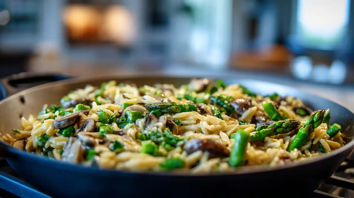 Creamy Mushroom Asparagus Orzo 2 Creamy mushroom asparagus orzo cooking in a large skillet on the stovetop with tender vegetables and Parmesan.